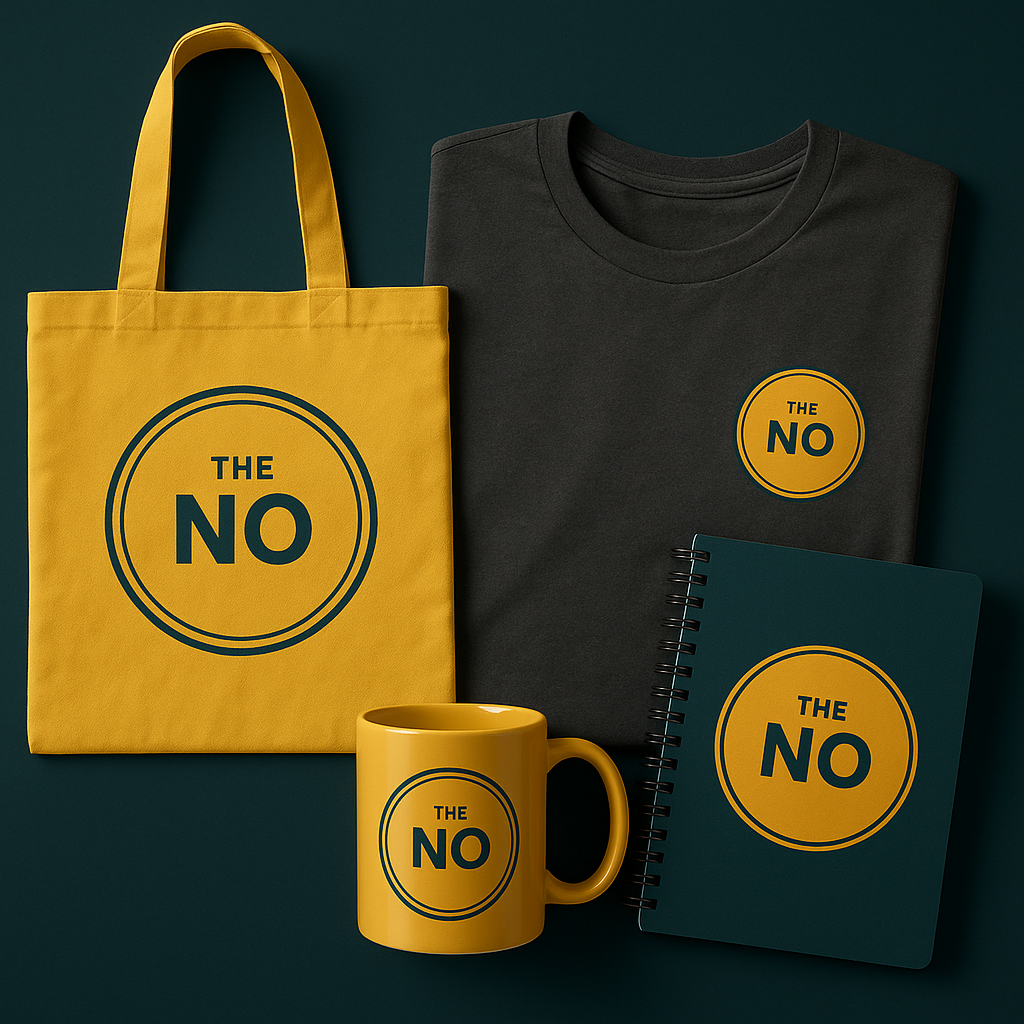 THE NO tote bag, mug, notebook and t-shirt